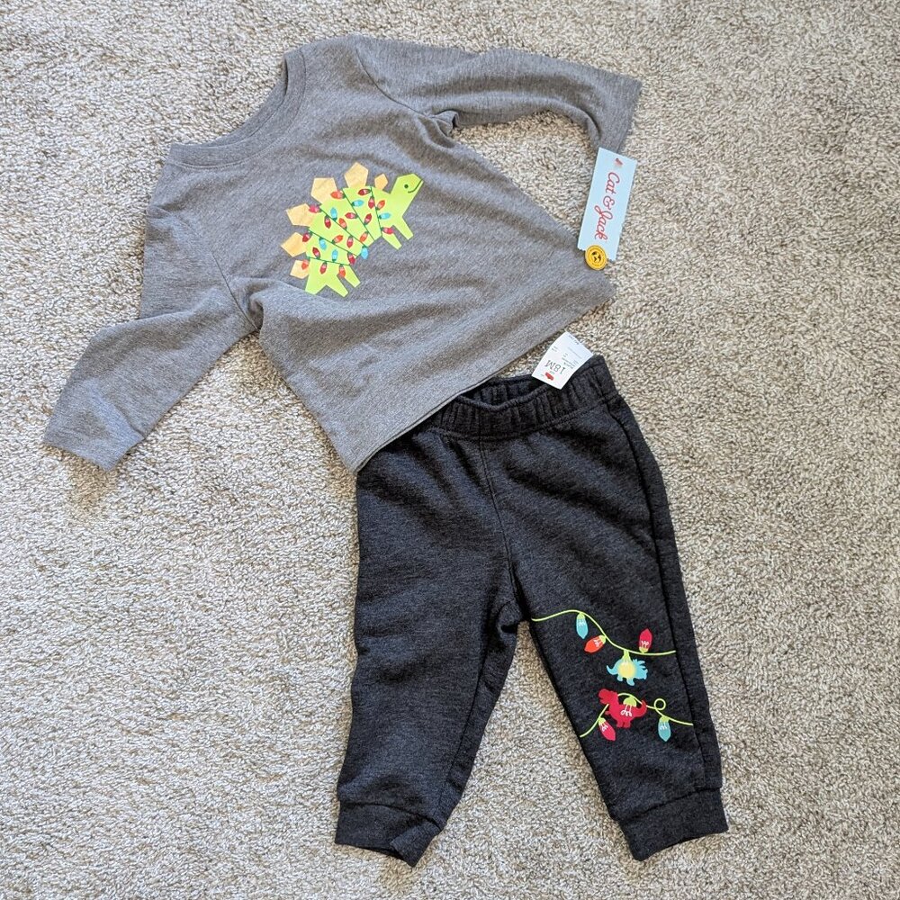 NEW Cat & Jack Long sleeve Sweats Holiday Christmas Dinosaur 2-piece Set 18m